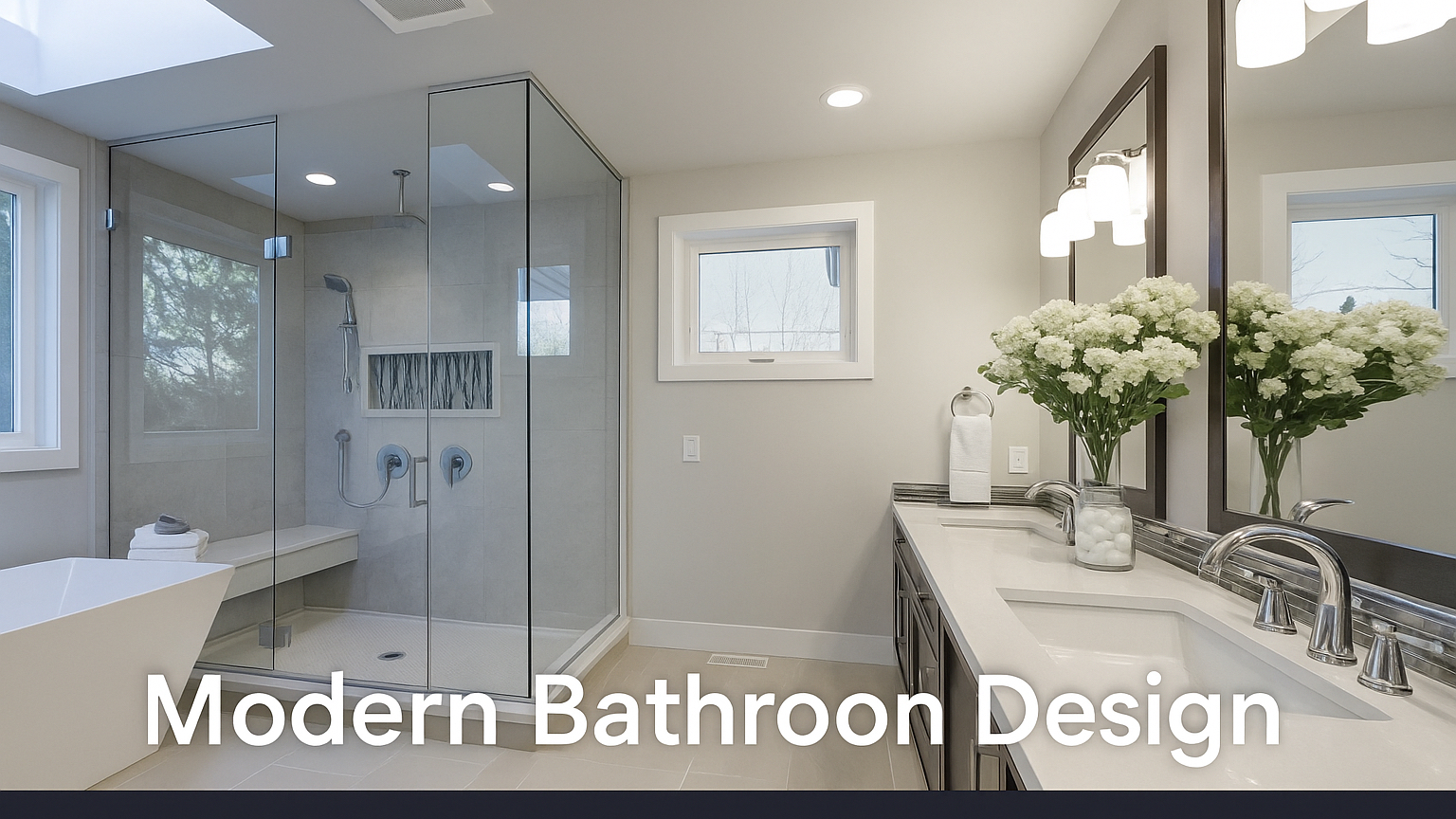A modern family bathroom — walk-in shower enclosure, twin basins and a freestanding bath.